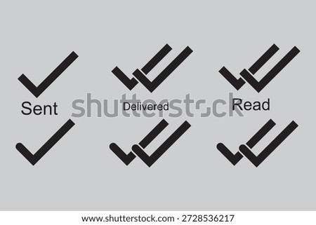 Message app sent, delivered, read icon set. Message check mark icons. Double checked symbol. Messaging status symbol. Send message tick sign. stock illustration