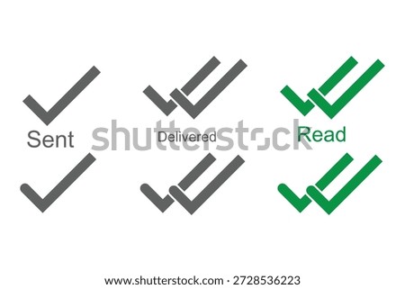 Message app sent, delivered, read icon set. Message check mark icons. Double checked symbol. Messaging status symbol. Send message tick sign. stock illustration