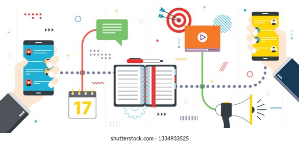 Message application, communication in smartphone, sharing of data files.Concept of business and communication, social media and internet. Flat design for web banner in vector illustration.