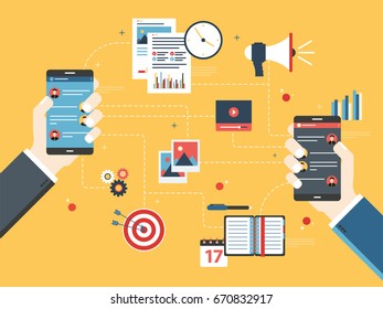 Message in application on smartphone, sharing of data files, videos and image. Concept of business and communication, social media and internet. Flat vector illustration.
