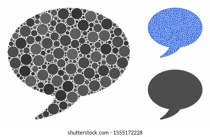 Message balloon composition of filled circles in various sizes and color tints, based on message balloon icon. Vector filled circles are organized into blue collage.