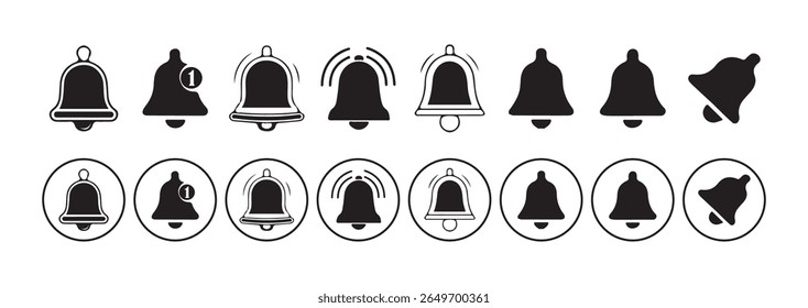 Message bell icon set. along with a ringing bell and notification number sign  Bell downloadable graphics for web and app design. Victor illustration eps10