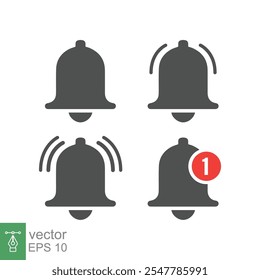 Message bell icon set. Simple flat style. Alert ringing, notice, notification, doorbell symbol for social media, subscriber alarm concept. Vector illustration isolated on white background. EPS 10.