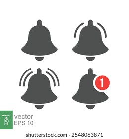 Message bell icon set. Simple flat style. Alert ringing, notice, notification, doorbell symbol for social media, subscriber alarm concept. Vector illustration isolated on white background. EPS 10.