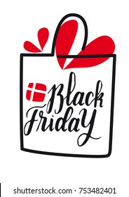 Message Black Friday. White background. Text handmade. Color bag.