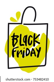 Message Black Friday. White background. Text handmade. Color bag.