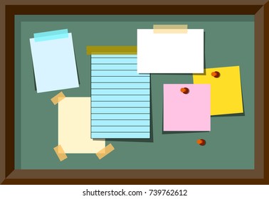Message board With Blank Notes and Stickers. Vector Illustration EPS