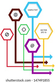 message board design with editable hexagonal frames, arrows and web icons isolated on white background