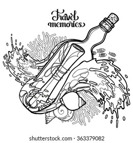 Message in the bottle among the storm waves.  Travel memories collection. Vector marine design isolated on white background. Coloring book page for adults and kids