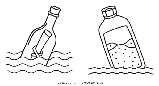 Message in a bottle and a beverage bottle floating in water.