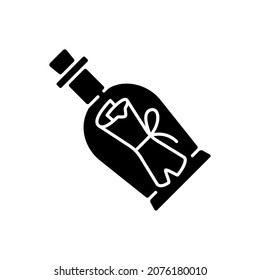 Message in bottle black glyph icon. Scrolled note inside glass with cork. Solving puzzles, clues for riddles. Part of quest. Escape room. Silhouette symbol on white space. Vector isolated illustration