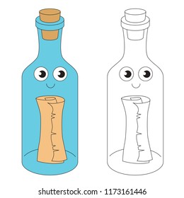 Message in a bottle cartoon. Outlined illustration with thin line black stroke
