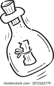Mensaje en la botella en estilo de caricatura, correo pirata, elemento de diseño de color en estilo de caricatura, ilustración en blanco y negro