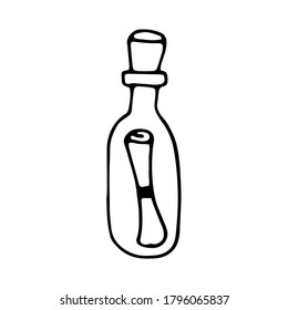 Message In Bottle. drawn card in a glass jar. hand-drawn treasure map in a glass bottle