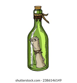 Message in a bottle engraving sketch style hand drawn color vector illustration. Scratch board style imitation. Hand drawn image.