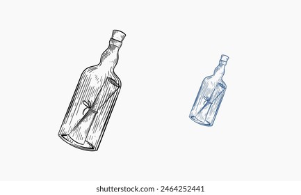 Mensaje en una Ilustración vectorial de grabado en botella. Imitación de estilo de tabla de rascar. Imagen dibujada a mano