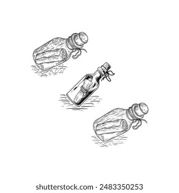 Message in a bottle engraving vector illustration. Scratch board style imitation. Hand drawn image.