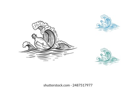 Message in a bottle engraving vector illustration. Scratch board style imitation. Hand drawn image.