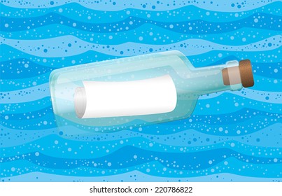 Message in a bottle floating in blue ocean water. Vector illustration.