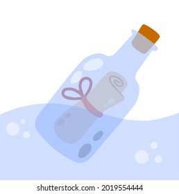 Message in bottle floats in sea. Letter and pirate note in blue water. Blue glass. Cartoon illustration isolated on white