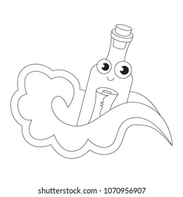 Message in bottle funny cartoon. Outlined colorless illustration with thin line black stroke