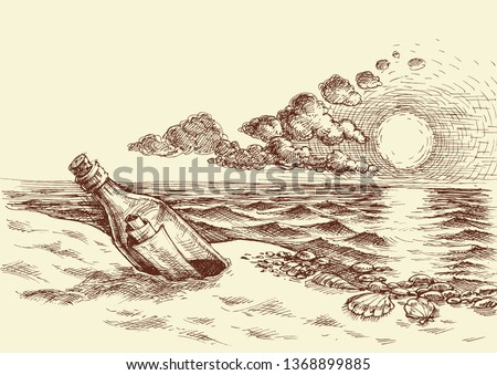 Message in a bottle hand drawing. A bottle with a letter on the beach, sunset sky and sea view sketch