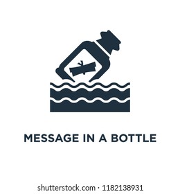 Message in a bottle icon. Black filled vector illustration. Message in a bottle symbol on white background. Can be used in web and mobile.