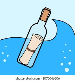 Message in the bottle icon in cartoon style isolated insea wave. Pirates symbol stock vector illustration.