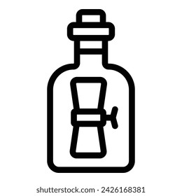 Vector de contorno de icono de botella de mensaje. Se perdió el correo oscuro. Esperanza pirata vacía