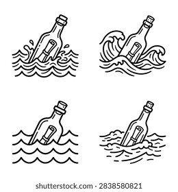 Message in a bottle icons on ocean waves.