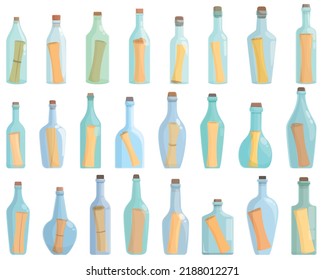 Message in the bottle icons set cartoon vector. Paper cork. Sea glass