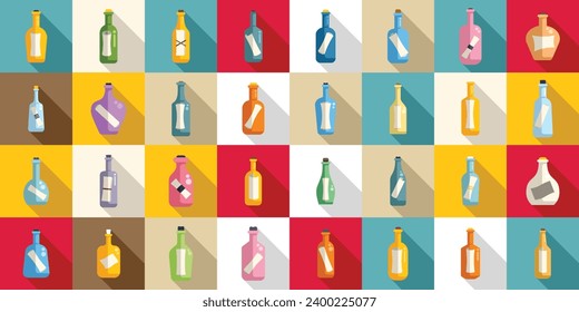 Message in the bottle icons set flat vector. Paper cork. Glass empty sea