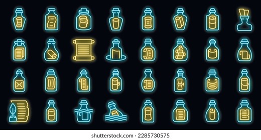 Message in the bottle icons set outline vector. Paper cork. Glass empty neon color on black