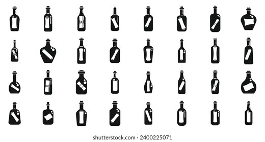 Message in the bottle icons set simple vector. Paper cork. Glass empty sea