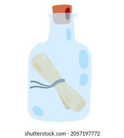 Message in bottle. Letter and pirate note. Blue glass. Cartoon illustration isolated on white