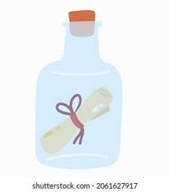 Flaschenpost. Brief und Piratennote. Blaues Glas. Cartoon-Illustration einzeln auf Weiß