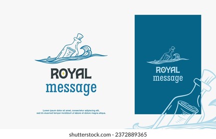 Message bottle logo with a combination of a bottle and paper that floats on the water. Hand Drawn Logo