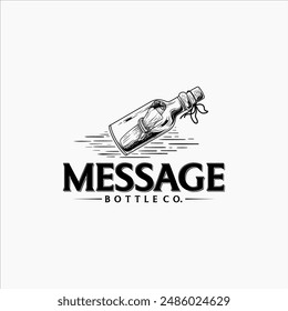 Message bottle logo with a combination of a bottle and paper that floats on the water. Hand Drawn Logo