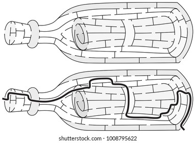 Mensaje en un laberinto de botellas para niños pequeños con una solución en blanco y negro