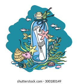 Message in a bottle on sea bottom
