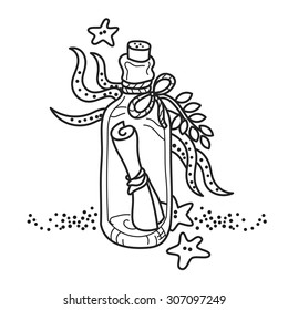 Message in a bottle on sea bottom. Free hand drawing. Good for coloring books