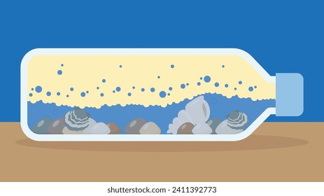 Mensaje en una botella con piedras. Ilustración vectorial en estilo plano