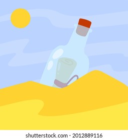 Message in bottle in sand. Letter and pirate note in shore or coast. Blue glass. Cartoon illustration isolated on white