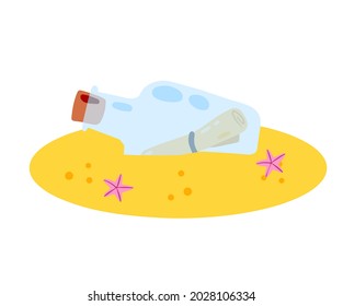 Message in bottle in sand. Letter and pirate note in shore or coast. Blue glass. Cartoon illustration isolated on white