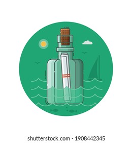 Message bottle seaside icon in line art. Shipwreck letter illustration in flat design.