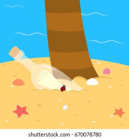 a message in a bottle stranded on an island, half buried in sand beside a palm tree 