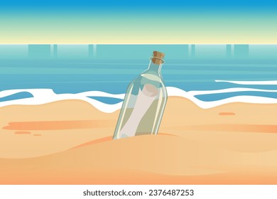 Message in the bottle stranded on the sand, vector illustration