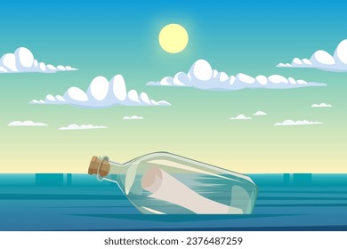 Message in the bottle stranded on the sea, vector illustration