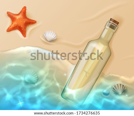 Message in bottle top view, paper scroll in glass flask covered with cork lying on sandy beach with blue sea water, starfish and shells. Pirate map, request for help, sos cartoon vector illustration