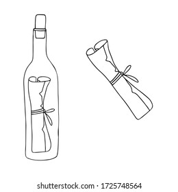 Message in a bottle. Vector. Freehand doodle style. Isolated on a white background.